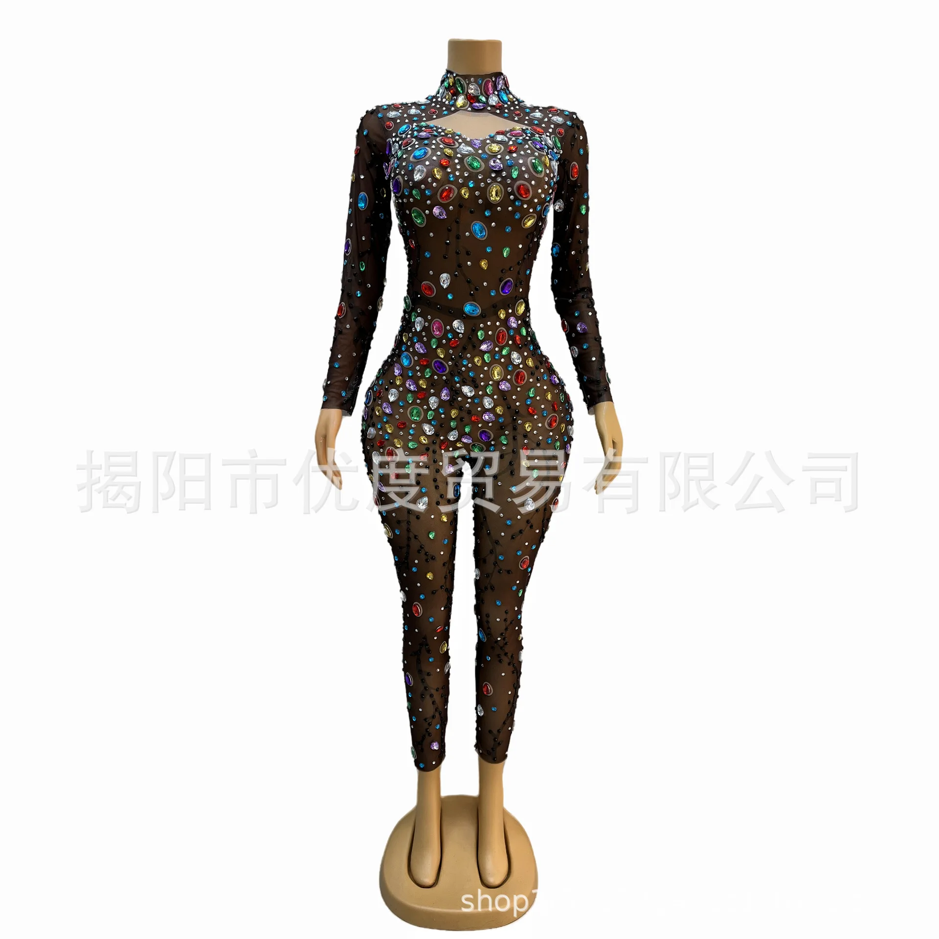 Hollow Color Slim Glam Perspective Mesh Rhinestone Cocktail Party Jumpsuit Show Black Vine Vestido De Noche Vestidos De Flamenca