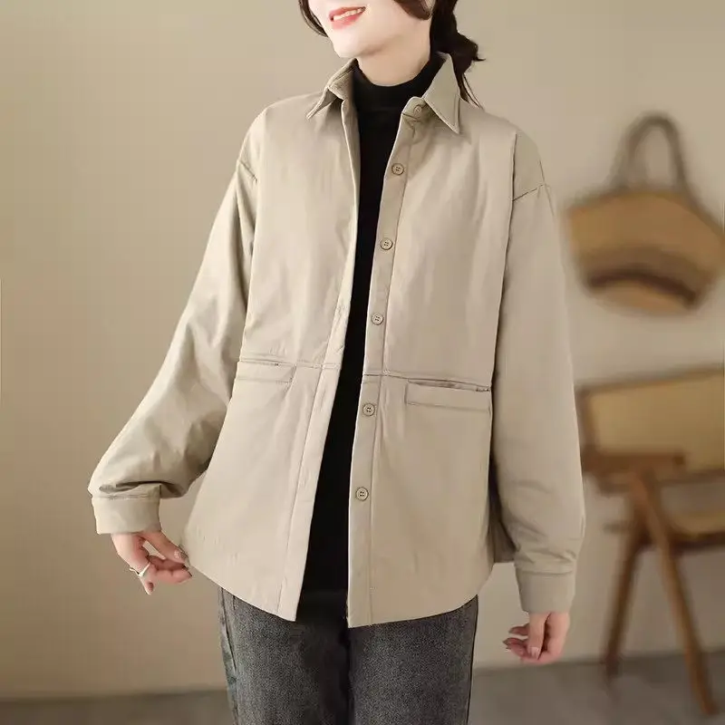 Solid Color Cotton Shirt Jacket For Women Spring Autumn And Winter Artistic Casual Loose Versatile Light Thin Lapel Coat K464