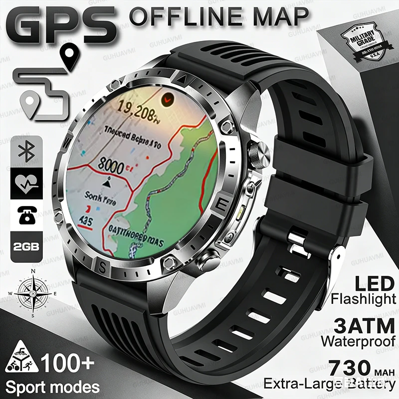 

2026 New Built-in GPS Offline Map Position Smart Watch 2GB Memory 3ATM Waterproof Compass BT Call Swim Sports Bracelets For Men