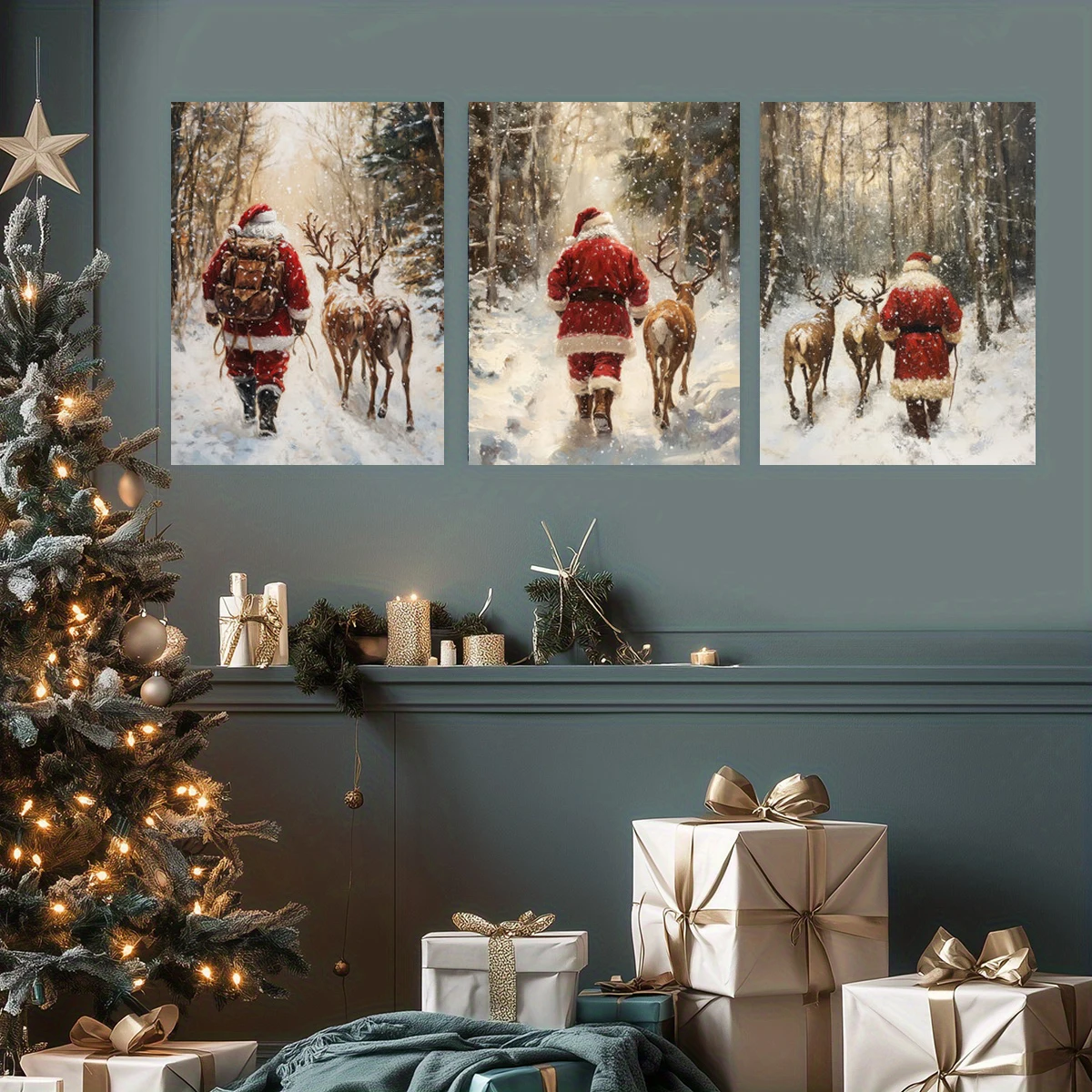 3PC Christmas Posters, Depicting Santa Claus and His Reindeer Walking Through A Snowy Wnter Forest, Creating A Festive Christma