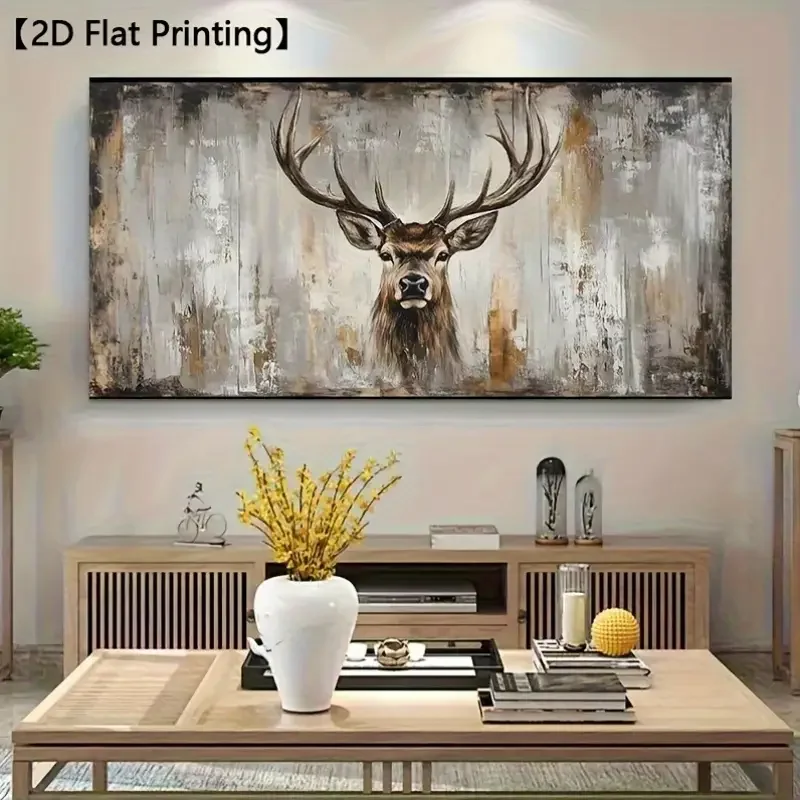 (1PC Unframe)[2D Flat] Large Modern Abstract Deer Canvas Wall Art - Frameless Rustic Wildlife Painting, Warm Earthy Tones, Text