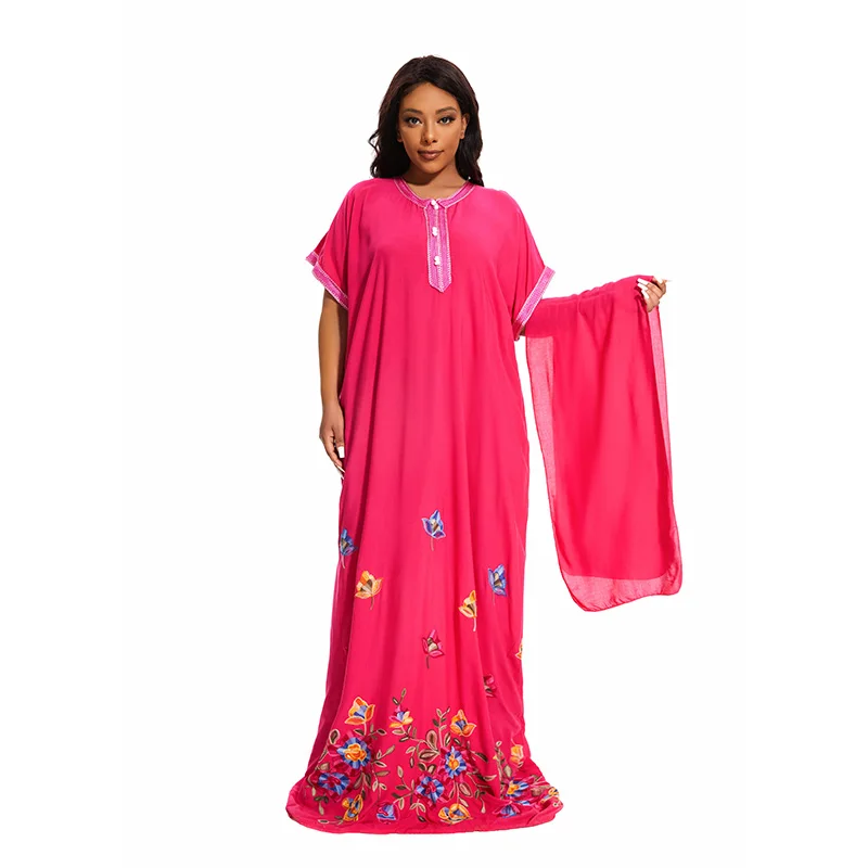 Abayas For Women 100% Cotton O-neck Jilbab Summer Short Sleeves African Plus Size Loose Femme Kaftan Robe With HeadscarfMoroccan