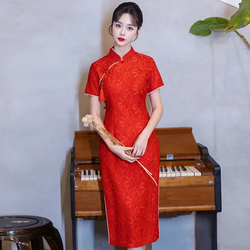 2024 Women's New High-end Cheongsam Traditional Wear New Year Chinese Style Improved Bridal Wedding Red Dress Qipao Plus Size