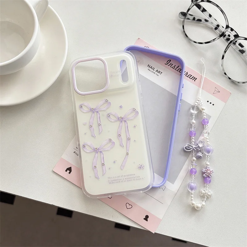 

Dreamy Lavender Bow Phone Case For iPhone 17 Pro 16 15 14 Pro Max with Beaded Chain Shockproof 16 17 15pro Protective Cover Case
