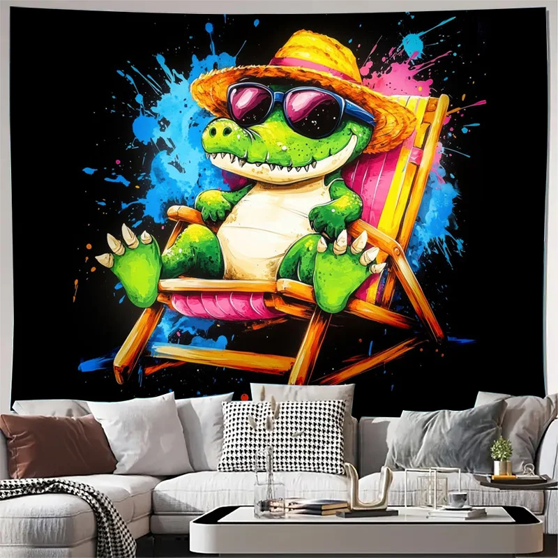 Vibrant Pop Art Crocodile Alligator Beach Chair Wall Tapestry Hanging Poster Canvas Decor for Modern Tropical Home Living Room
