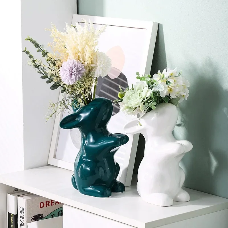 Ceramic Vase Rabbit Simulation Animal Sculpture Crafts Flower Arrangement Home Decoration Children's Room