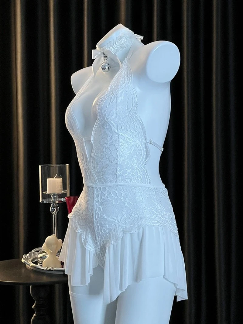 Uwodzicielska i zmysłowa sukienka z koronkowymi wycięciami dla kobiet, odkryte plecy, głęboki dekolt w kształcie litery V, wiązana na szyi, jednoczęściowa, idealna na namiętną noc.