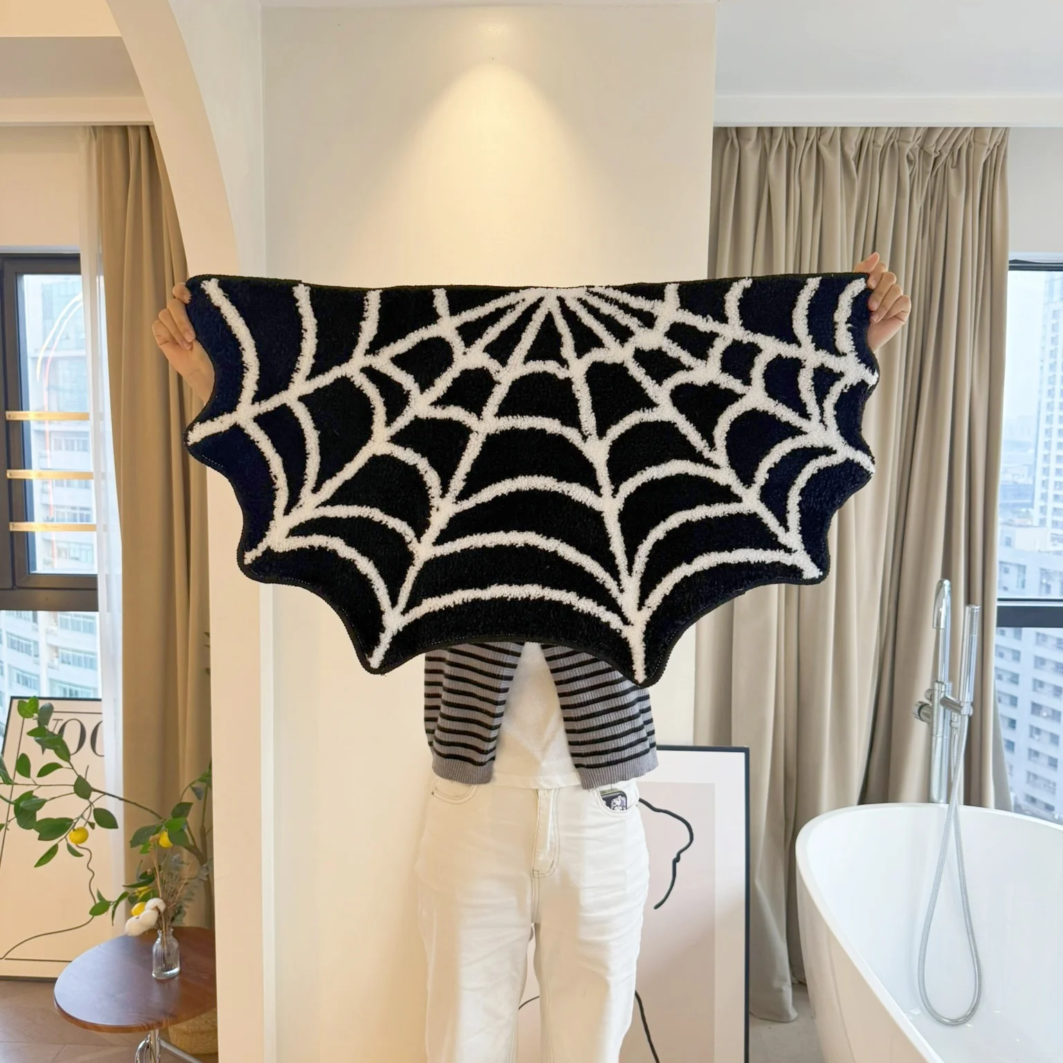 AGILESTAR Two-Style Halloween Spider Web Tufted Rug, Shaped Non-Slip Accent Mat, Spooky Gothic Decor for Bedroom