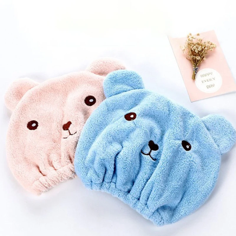 Dry Hair Cap For Women Quick-drying Absorbent Thick Microfiber Head Towel Korean Cute Bear Embroidered Shower Cap Towel