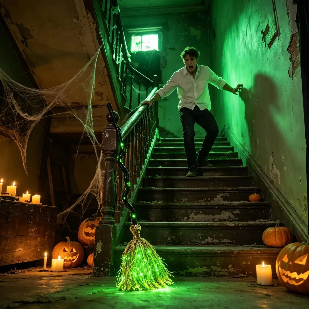 Glowing Animated Dancing Witch Broom with Sounds Bendable Stick Halloween Magic Witch Broomstick Movable Walking Feet