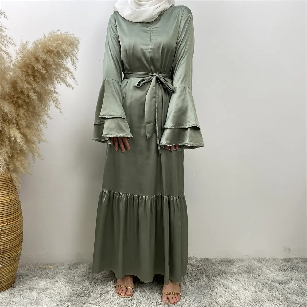 Women's Satin Dress with Petal Sleeve, Islamic Robe, Middle Eastern Muslim, Luxury Fashion, Ramadan, Morocco, Arab, Splicing