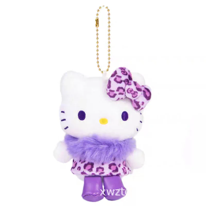 

Kawaii Sanrio Leopard Black Leather Hello Kitty Plush Toys Backpack Pendant Cute Accessories Keychain Doll Girls Birthday Gift
