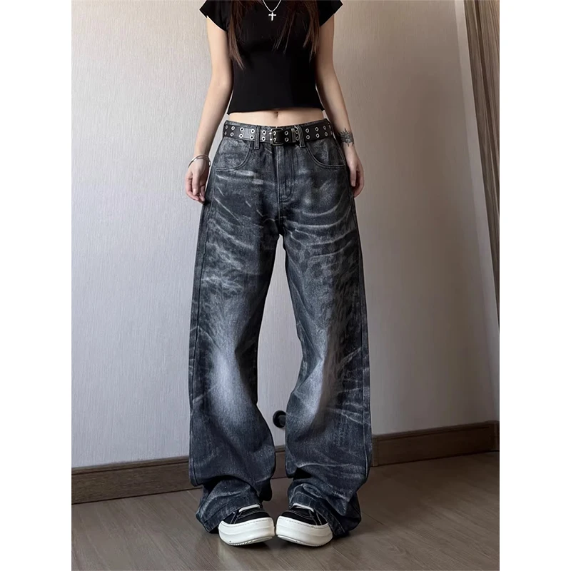 

American Y2K Plus Size Washed Stacked Curved Jeans for Women Street Style Slim Fit Flattering Heavy Drape Denim Pants Fashion