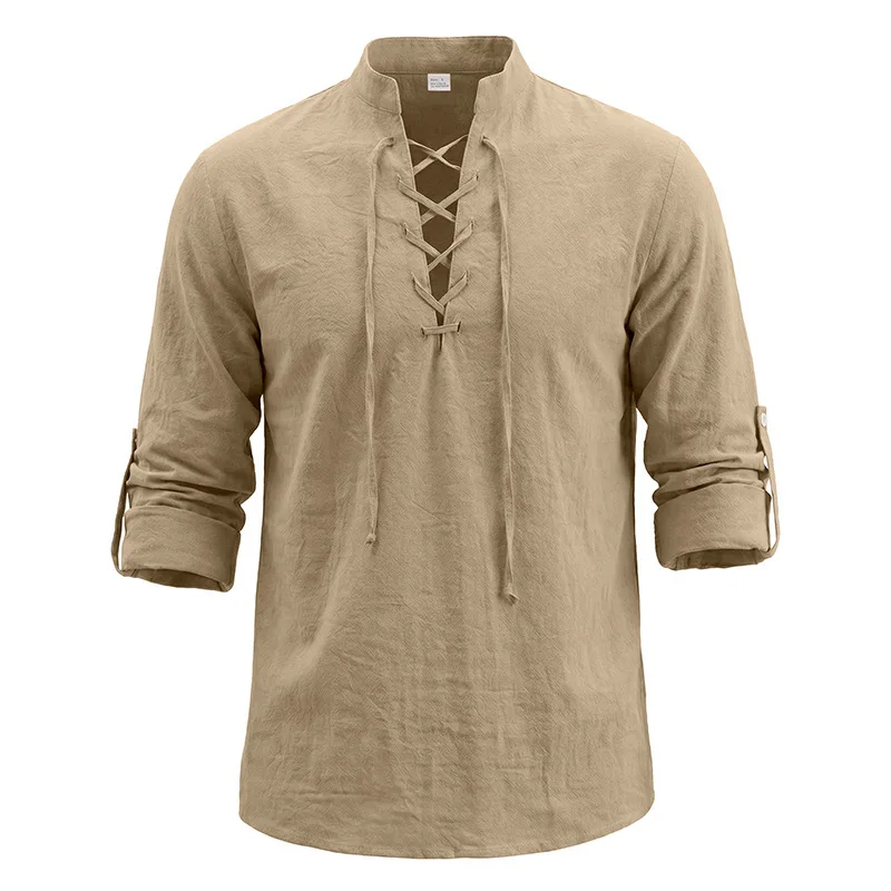 2026 Herren Vintage Mittelalterliches Leinenhemd mit Schnürung, Langarm, Henley-Ausschnitt, Locker Geschnitten, Piraten-Cosplay, Strand, Freizeit, Urlaub, Alltagshemd – Detail 13