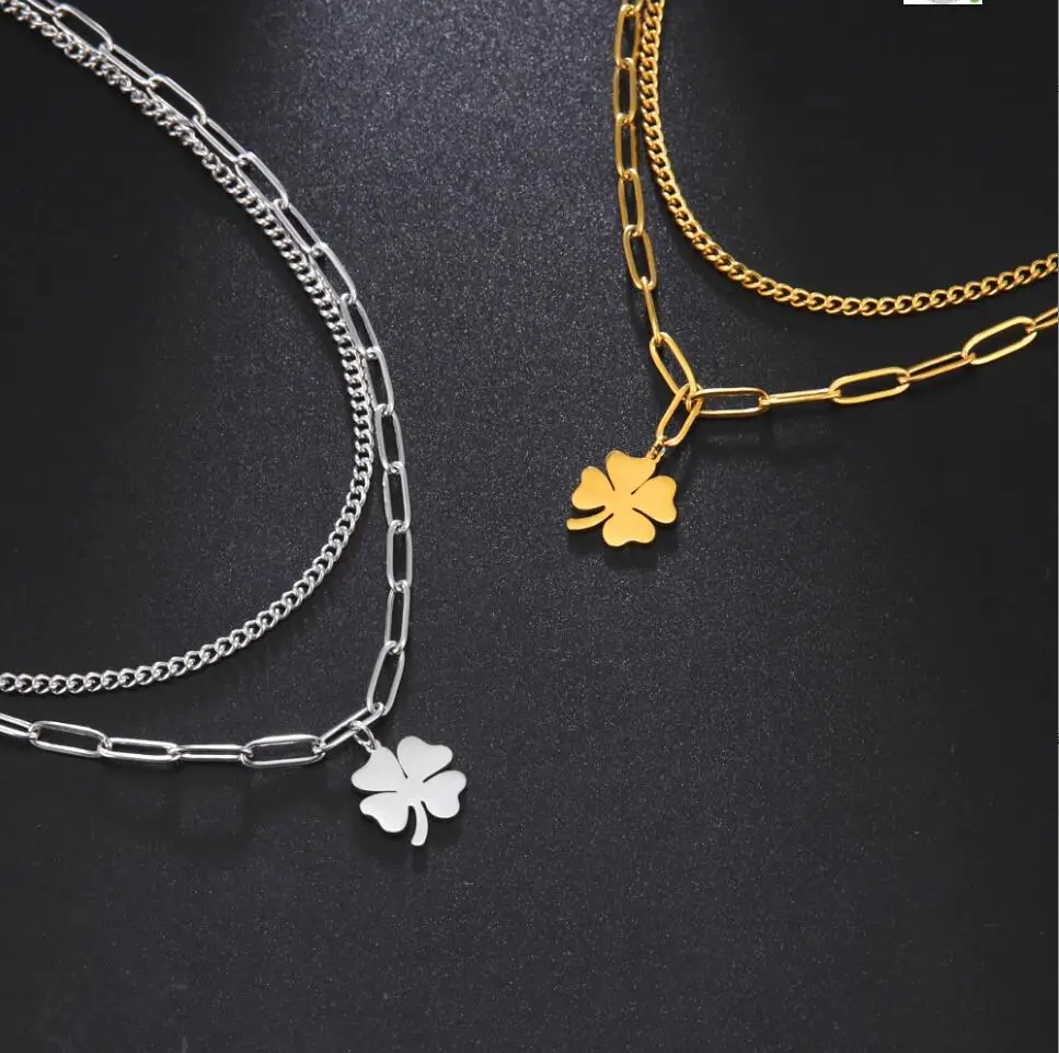 

1PC Four Leaf Clover Pendant Necklace for Women Gold Color Choker Neck Double Chain Stainless Steel Jewelry Gift F1088