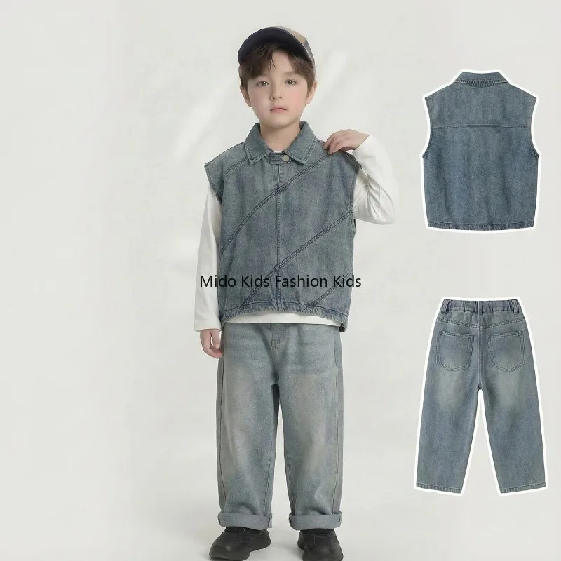 Boys Spring 3PCS Set Casual Vest & Basic Tee & Straight Jeans, Stylish Fashion Kids Clothing for 90-140cm