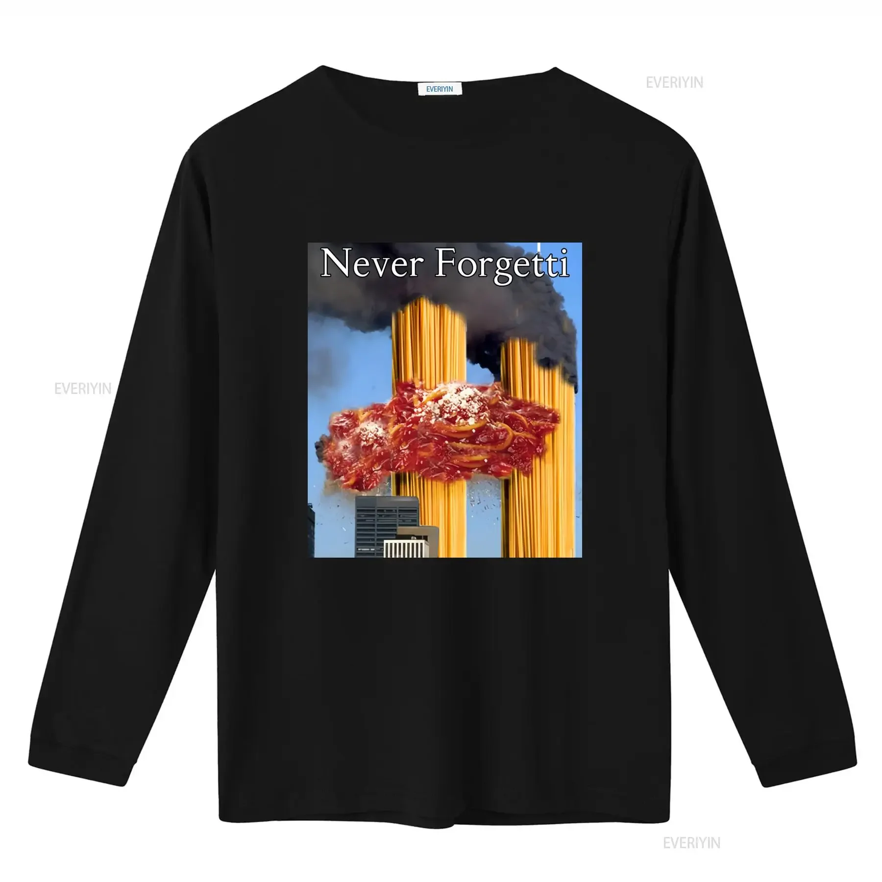 Never Forgetti T Shirt Funny 9 11 Food Dark Humor Spaghetti Twin Tower Meme Unique Design for Trendy Fashion vintage Washed