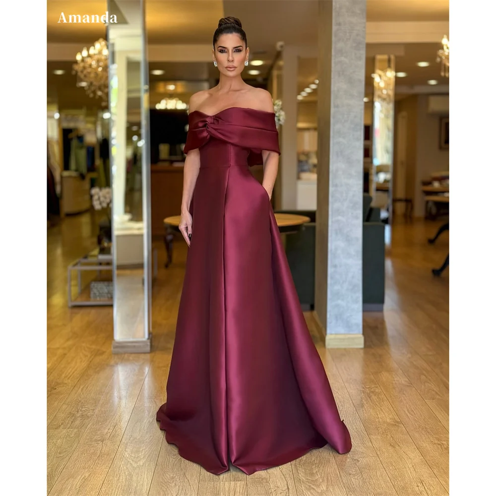 

Amanda Customized Elegant Off Shoulder A-Line Prom Dresses Sleeveless Draped vestidos de noche Satin Floor-Length Evening Dress