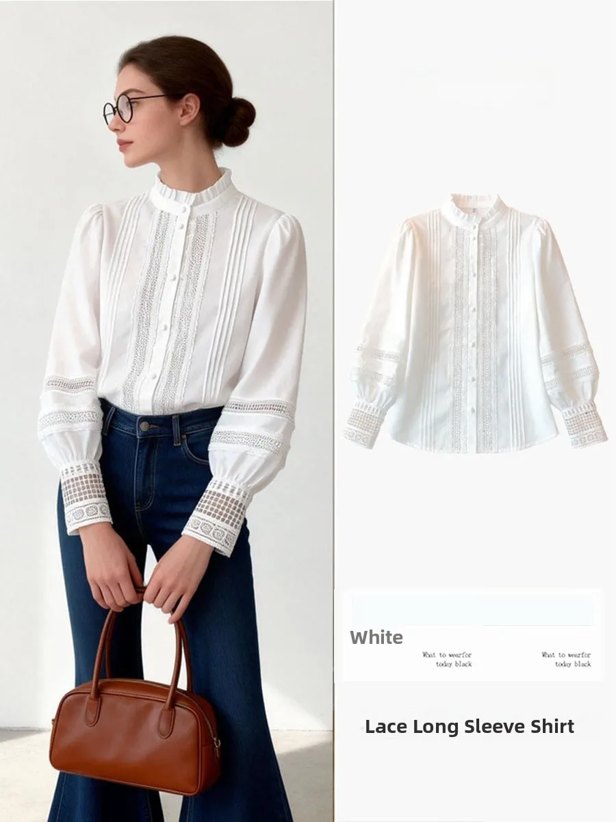 

Белая кружевная блузка с воротником-стойкой и рукавами-фонариками, женственная, для весны и осени, новинка, элегантная.