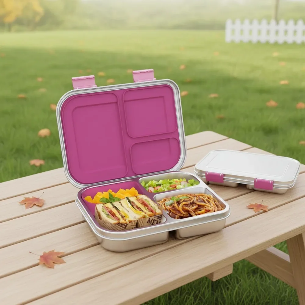 

Детский герметичный ланч-бокс Bento из нержавеющей стали, 3 отделения с силиконовым контейнером, можно мыть в посудомоечной машине для школы и путешествий
