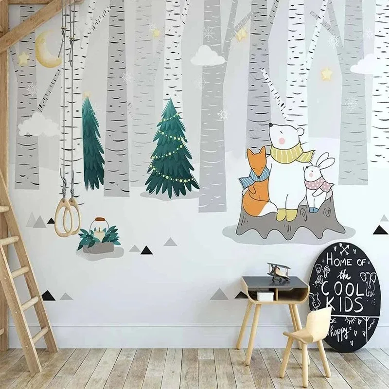 Custom Wallpaper Nordic Hand-painted Cartoon Forest Animals Wall Mural Background Children Boy's Bedroom Home Decor Papel Tapiz