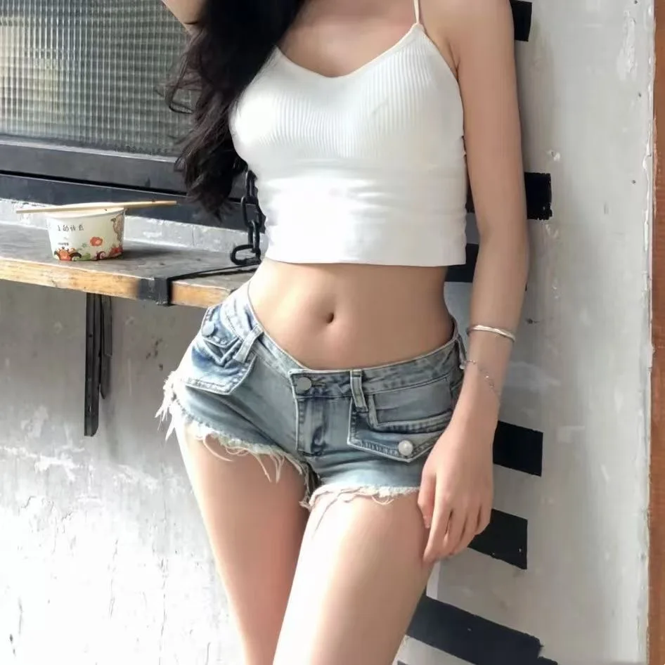 Women Low Waist Distressed Denim Shorts Frayed Hem Micro Mini Jeans Casual Streetwear Aesthetic Summer Hot Pants Clubwear - view 5