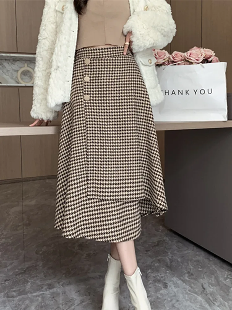 

Vintage Irregular Woolen Mid-length Skirt for Women Elegant OL Elastic Waist Buttons Deco Asymmetry Skirts Fall Winter New