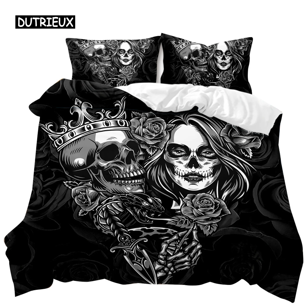 Skull Duvet Cover Set Rose Twin Skeleton Kiss Comforter Cover Teens Gothic Skeleton Double Queen King Size Polyester Qulit Cover