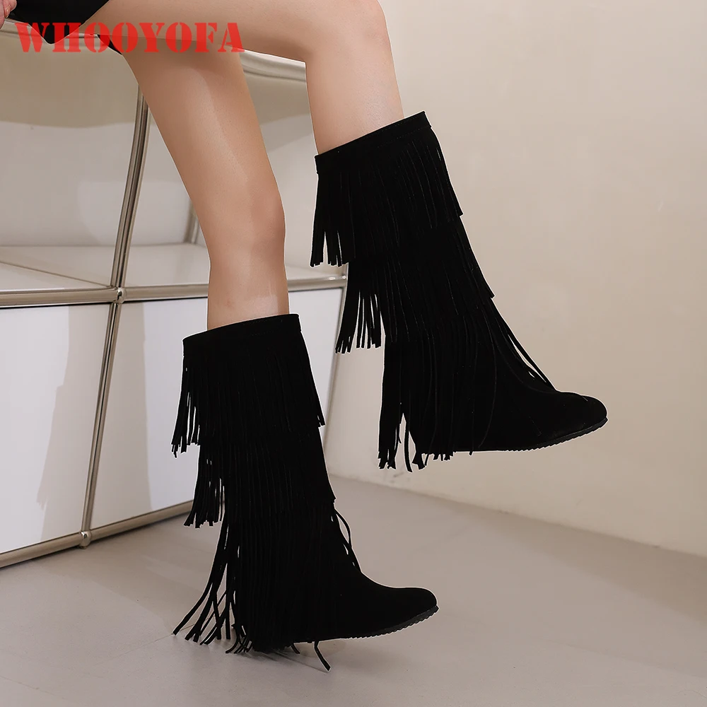 

2025 Winter New Elegant Black Pink Women Knee High Boots Tassel Round Toe Wedges Heels Lady Shoes Plus Big Size 12 43 46 48