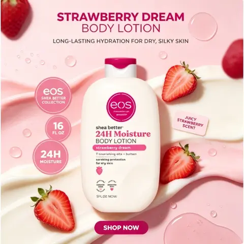 Loção Hidratante Corporal de Longa Duração Strawberry Dream de 16 fl oz para Pele Seca, Coleção eos Shea Better