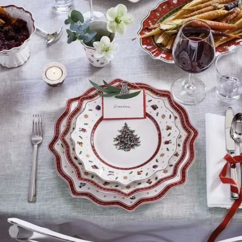 Vajilla navideña de cerámica roja, platos de cerámica con patrones navideños rojos y blancos, diseño estampado a mano para