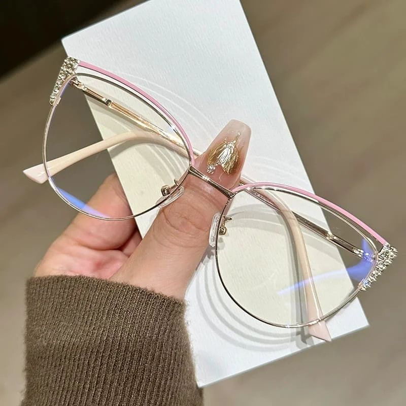 Nowe Metalowe Okulary Optyczne w Kształcie Kociego Oka Modne Retro Damskie Ozdobne Okulary Biurowe Komputerowe Anty Niebieskie Światło