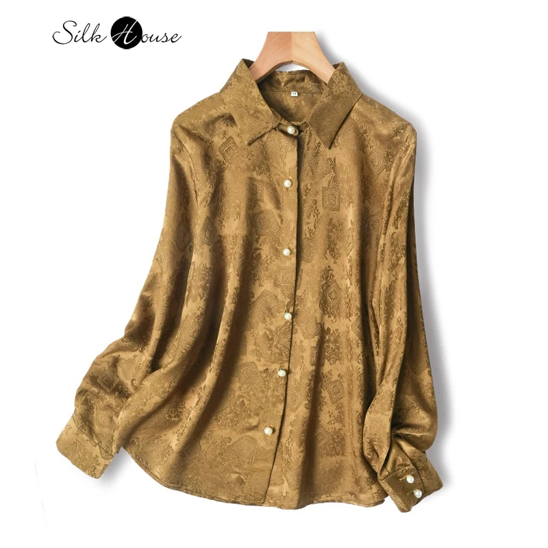 

2025 Women's Fashion Autumn New 100% Natural Mulberry Silk Jacquard HuaLuo Turn-down Collar Long Sleeve Temperament Retro Shirt