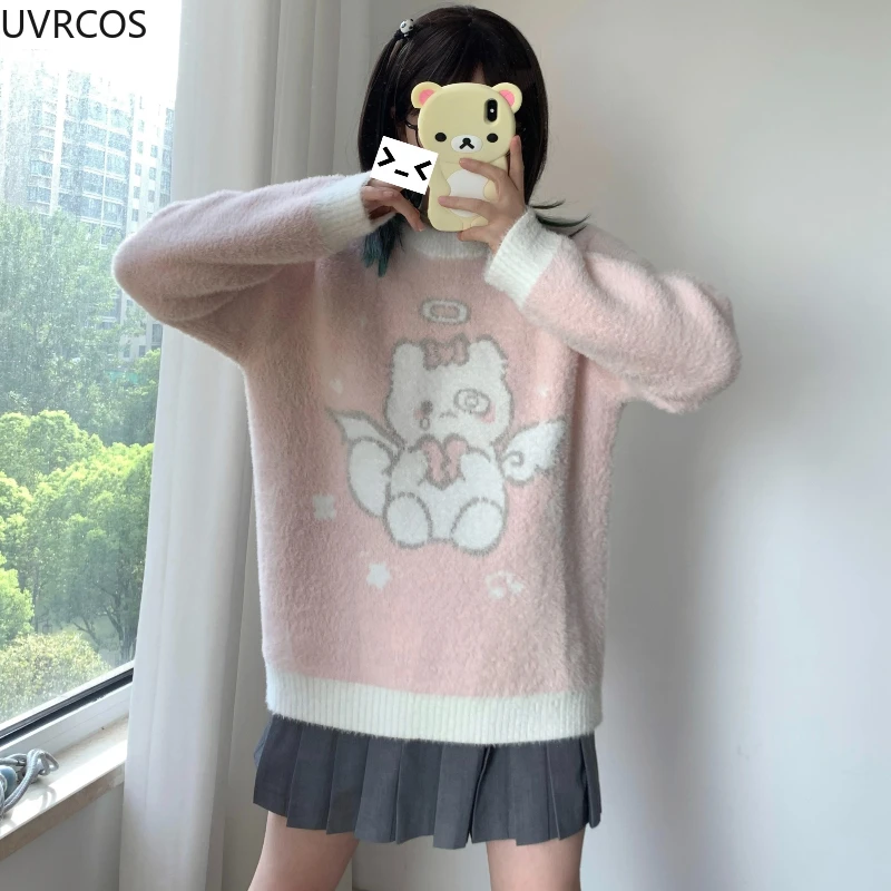 

Y2k Cute Sweet Lolita Knitted Pullovers Women Japanese Style Kawaii Harajuku Cartoon Print Patchwork Sweater Loose Jumpers Tops
