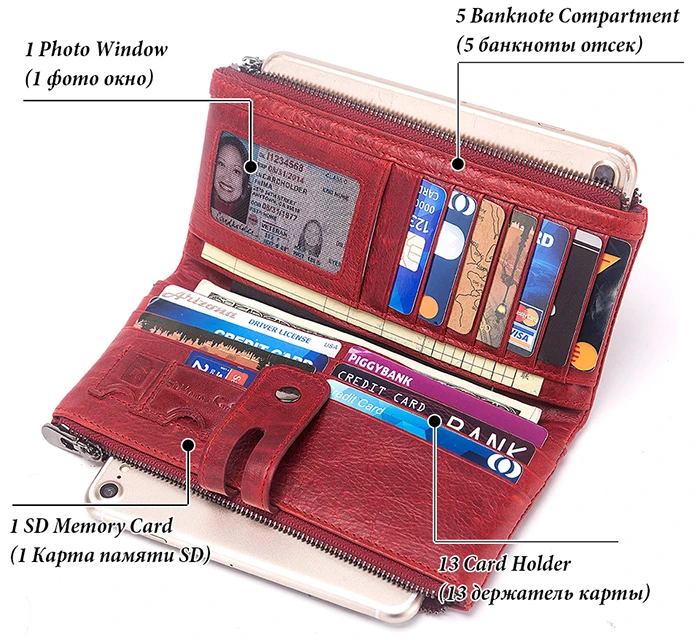 KAVIS Damen-Geldbörse, echtes Leder, lange Clutch mit RFID-blockierendem Kartenhalter, Reißverschluss, Münzgeldbörse, große Kapazität, Handytaschen – Detail 4