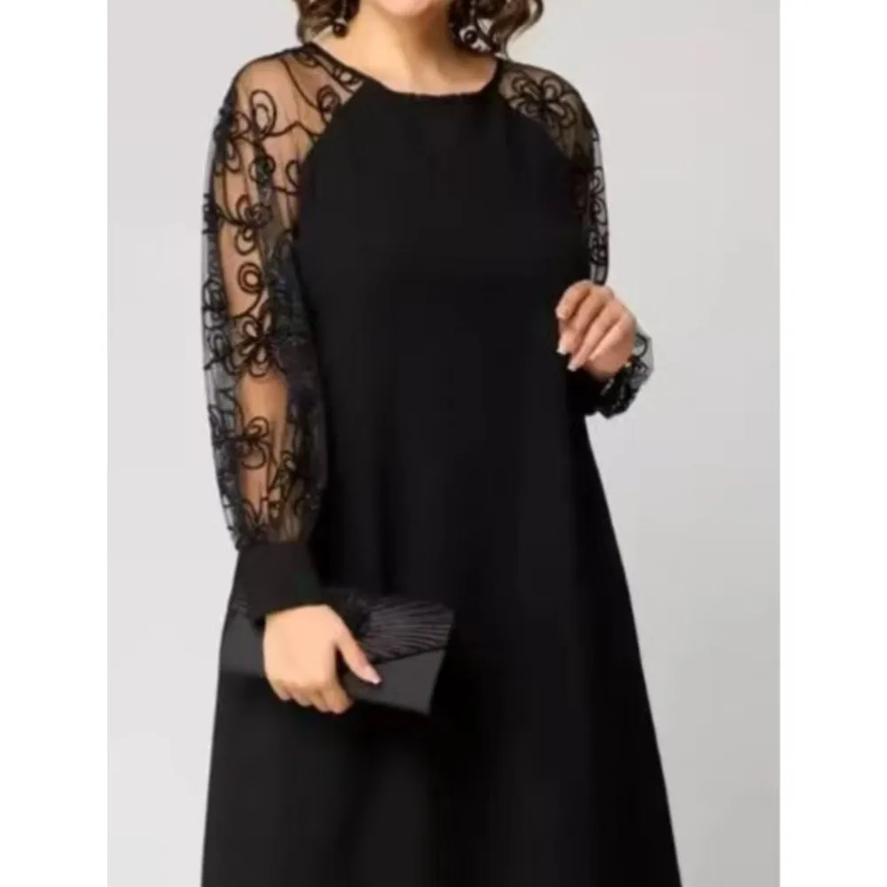 

Lace Stitching Loose Dress Casual Solid Color Daily Loose Commuting Style Long-sleeved Round Neck Mid-waist Short A-line Dresses