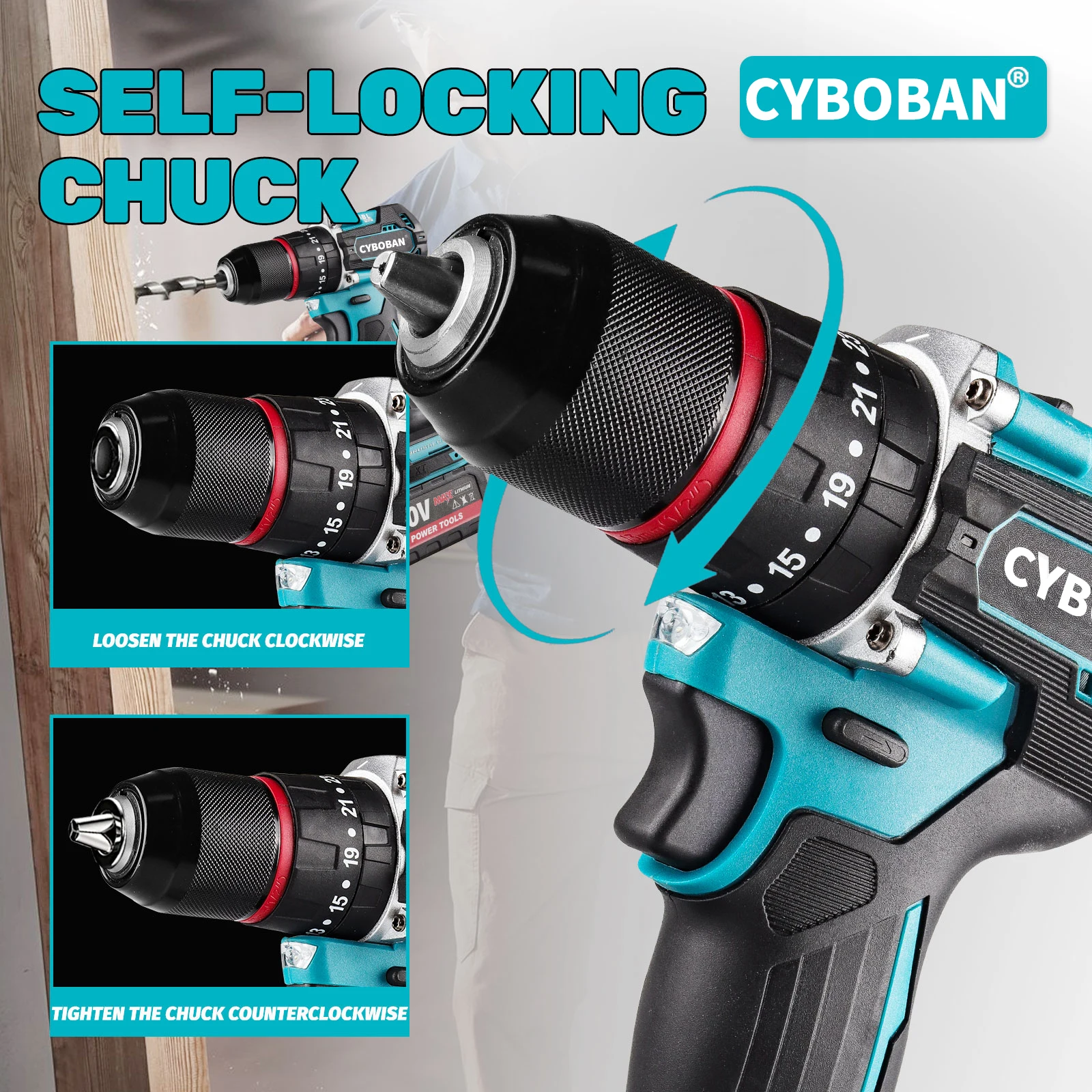 أداة كهربائية CYBOBAN، مثقاب يدوي بدون فرش 20 فولت، مفك براغي كهربائي مثقاب كهربائي 10 مم، بطارية ليثيوم بسعة 4.0 أمبير في الساعة