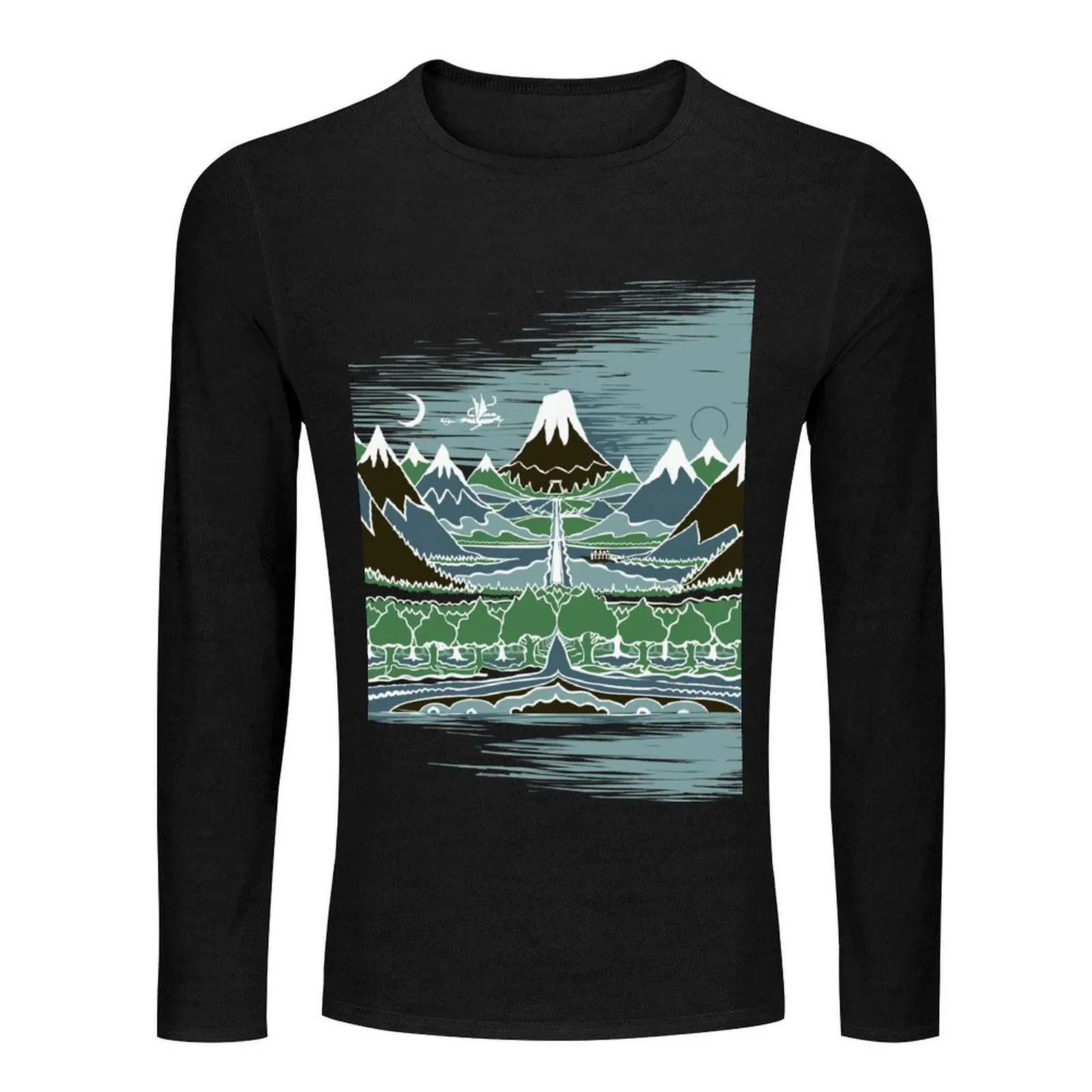 A Halflings journey on a mountain path through an elven wood in the style of J.R.R.Tolkien Long T-Shirt