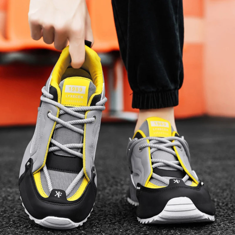 Grey Black And Yellow Chunky Dad Sneakers Retro Patchwork Casual Shoes Breathable Mesh And Leather Platform Trainers Daily Wear