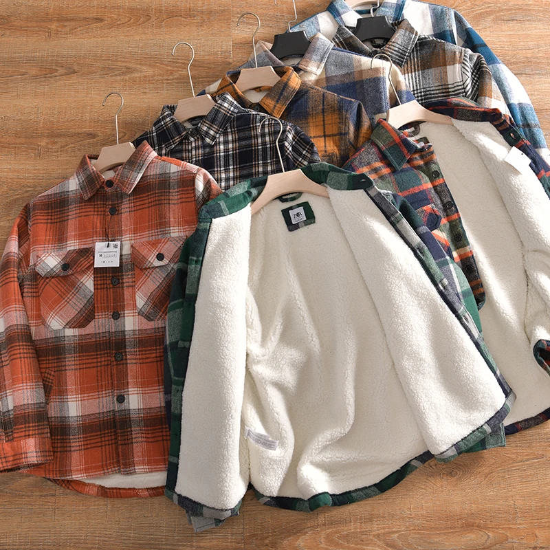 Thickened Flannel Plaid Shirt Style Cotton Jacket for Men Winter Warm Fleece Lined Turn-down Collar Outerwear Coat