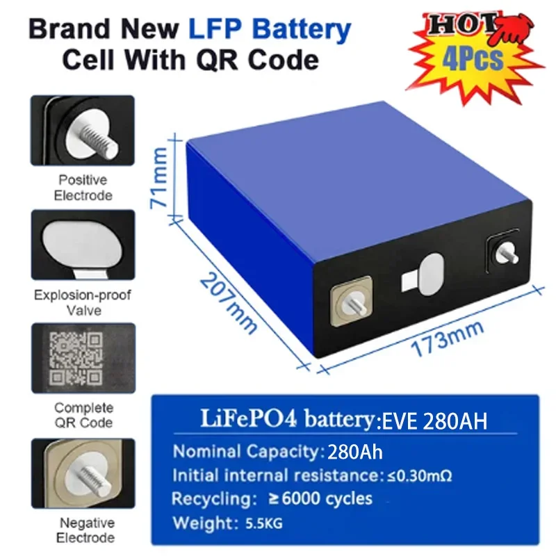 New Grade A Lithium iron phosphate battery 3.2V280ah Lifepo4 12V24V Rechargeable battery for Solar Home Energy Storage Duty Free