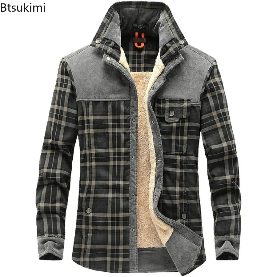 2024 Men\'s Winter Warm Shirts Coats 100% Cotton Plaid Thickened Fleece Jacket Fashion Windproof Stand Collar Shirt Jacket Men