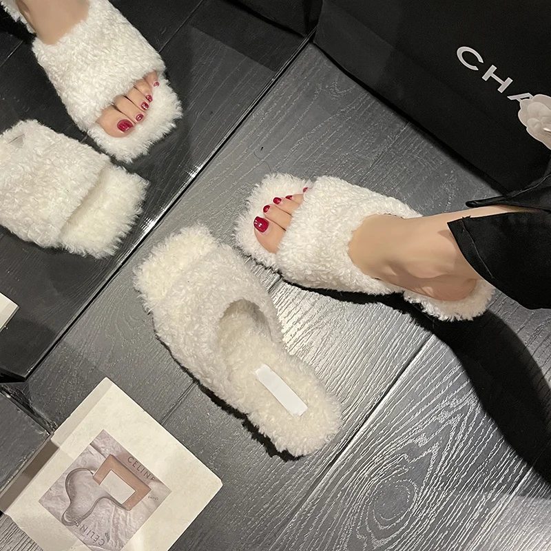 Designer Elegant Heeled Women's Slippers High Quality Faux Fur Ladies Shoes Homemade Fluffy Soft Comfortable Outdoor Slipper