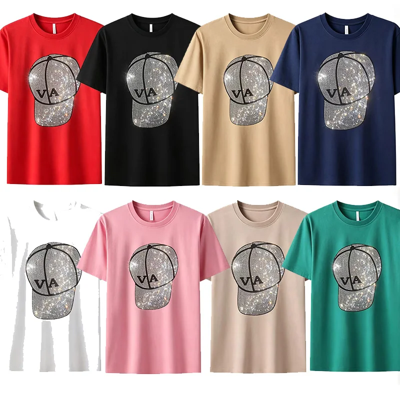European women's printed rhinestone baseball cap with sequins and crystal short-sleeved T-shirt, for both men and women.