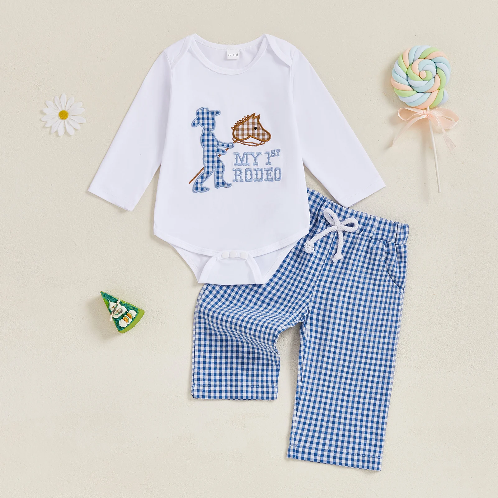 

0-18 Months Baby Boy Fall Outfit Embroidered Crew Neck Long Sleeve Romper and Plaid Pants 2 Pcs Set