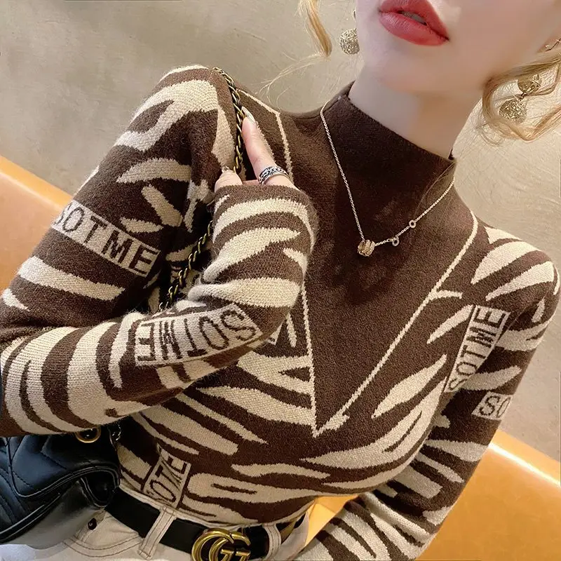 Autumn Winter Vintage Print Slim Sweater Women Knitted Half Turtleneck Pullover Women Sweaters Fashion New Korean Keep Warm Tops