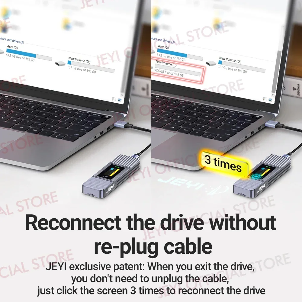 JEYI Visual Smart M.2 NVMe NGFF SSD Enclosure, Supports 5s Write Protection, 3s Re-connect, USB 3.2 Gen2 10Gbps, UASP Trim