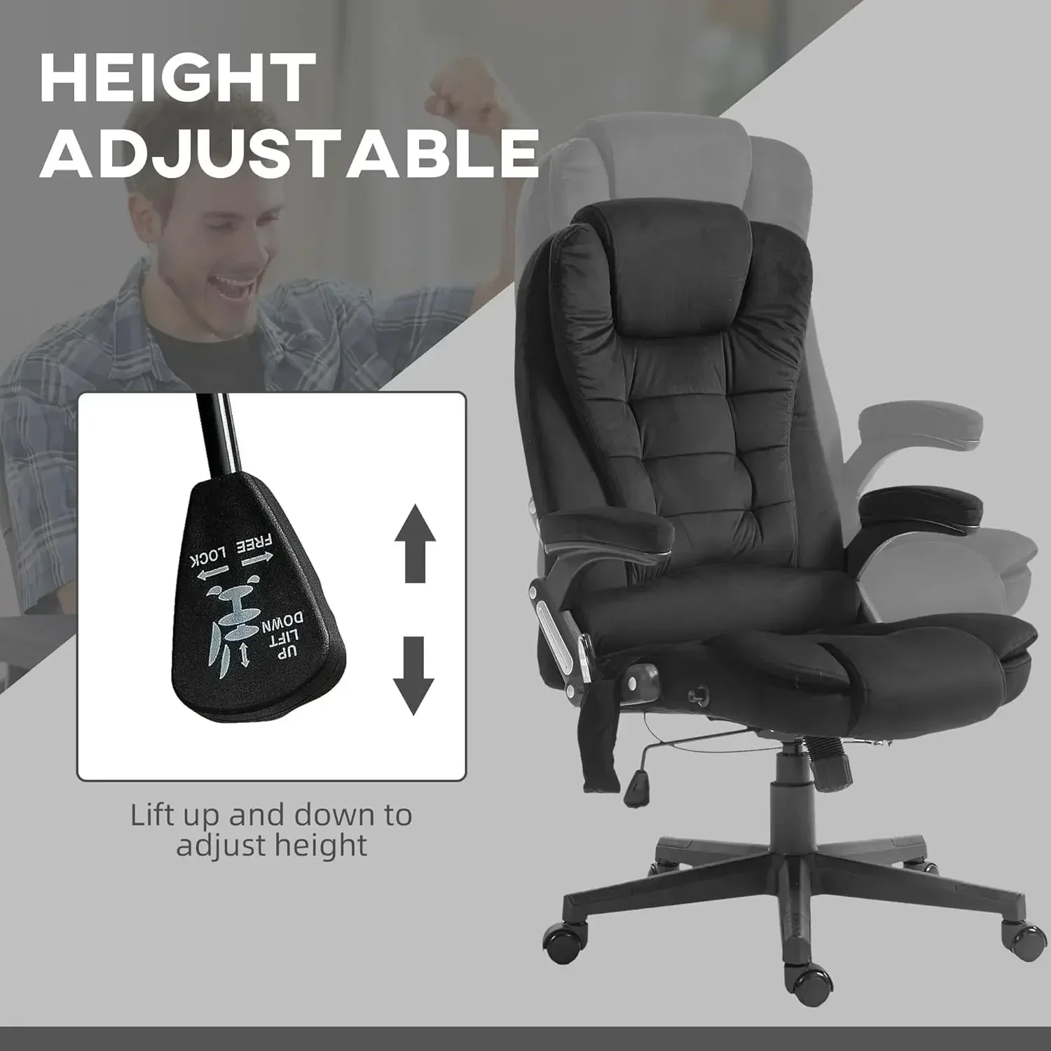 6 Point Vibrating Massage Office Chair with Heat, Velvet High Back Executive Office Chair with Reclining Backrest, Padded Armres