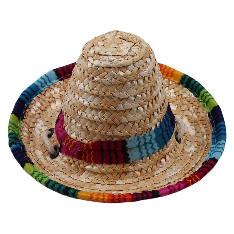 Straw Sombrero Mexican Hat Pet Adjustable Buckle Multicolor Pet Straw Small Dog Cat Hat Funny Summer Cap