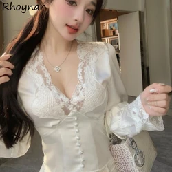 Lace Shirts Women Sexy Slim French White Ladies Deep V-neck Long Sleeve Tops Elegant Spliced Buttons Spring Autumn Streetwear